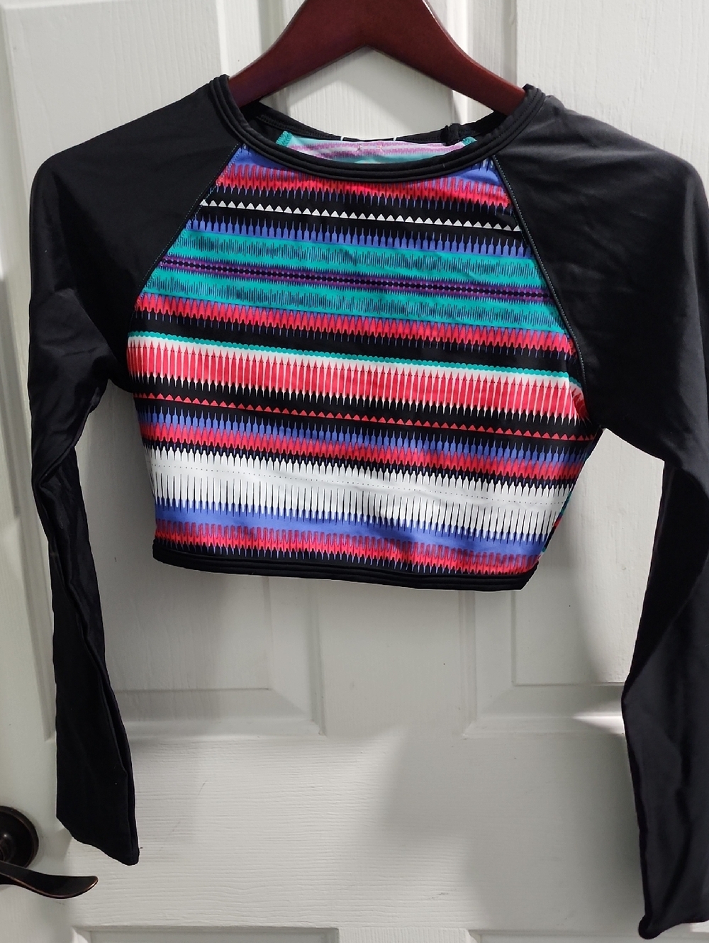 Long Sleeve Crop Swim Top with Bright Aztec Stripe